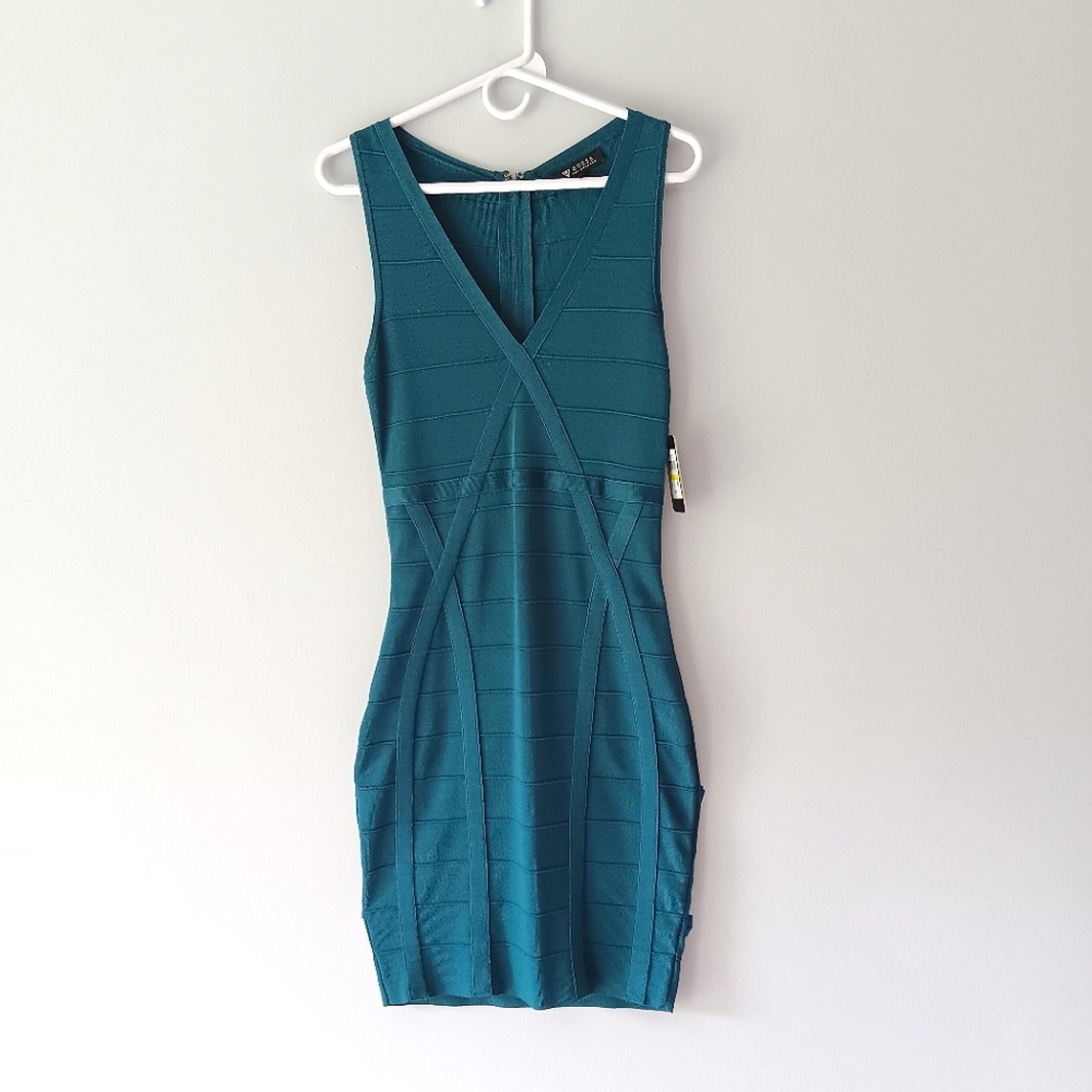 New GUESS LA Bodycon Bandage Mini Sleeveless Sheath Dress V-Neck Teal Medium